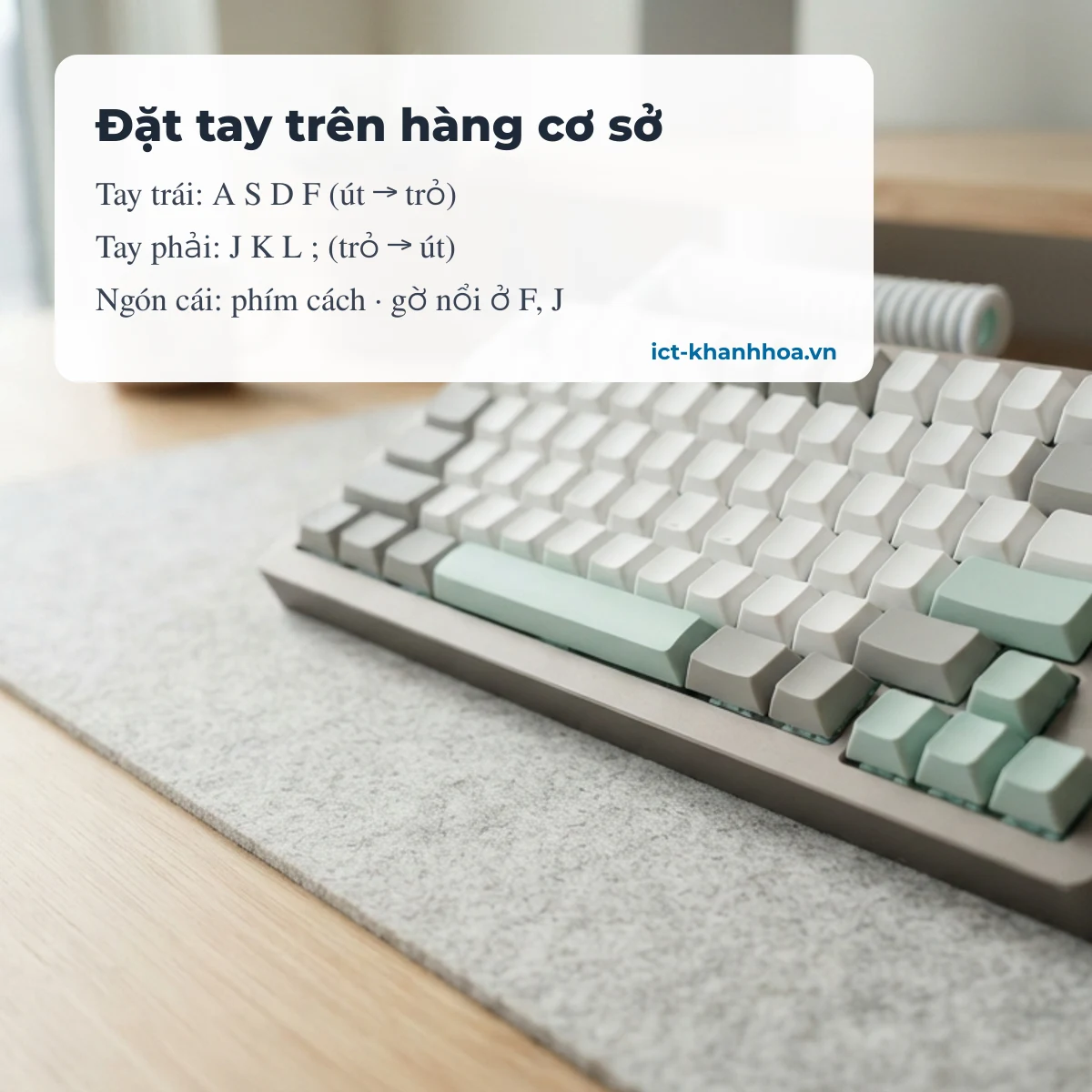 Vị trí đặt 8 ngón tay trên hàng phím cơ sở khi gõ 10 ngón